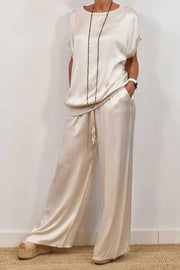 Satin Wide-Leg Pants Set with Short-Sleeve Top