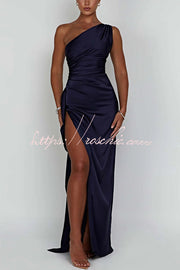 Satin One Shoulder Maxi Dress with Thigh-High Slit
