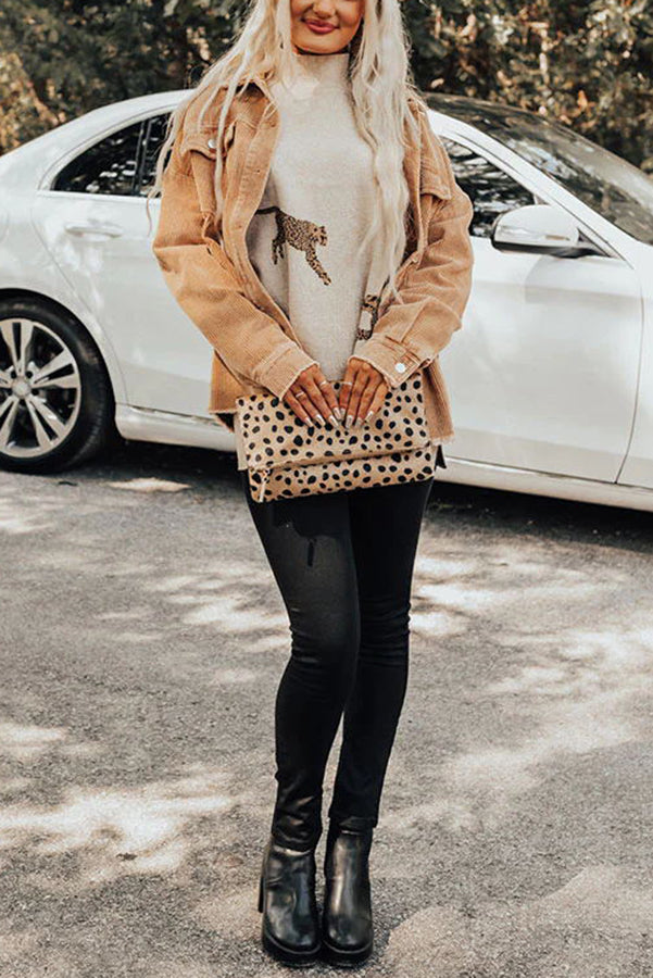Leopard Print High Neck Relaxed Sweatshirt with Side Slit