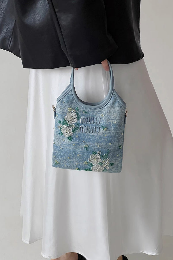 Floral Embroidered Denim Tote Bag with Shoulder Strap