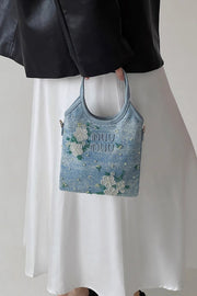 Floral Embroidered Denim Tote Bag with Shoulder Strap