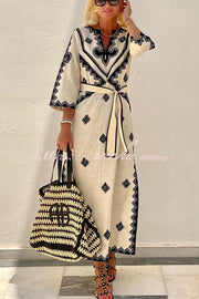 Linen Blend Ethnic Print Belted Midi Dress | Vacation Style