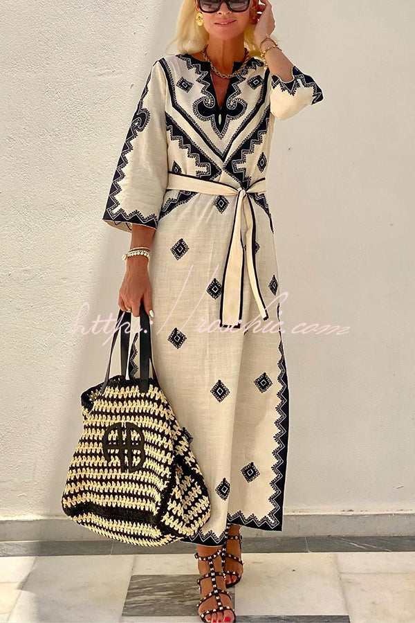 Linen Blend Ethnic Print Belted Midi Dress | Vacation Style