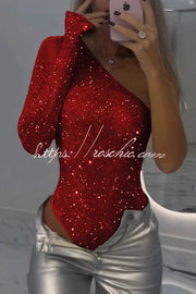 Sequined One-Shoulder Slim-Fit Romper for Party Wear