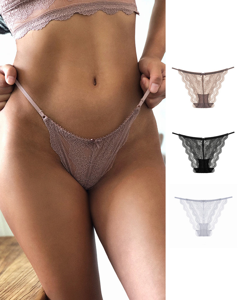 Sheer Floral Lace Strappy Cheeky Panties with Bow Detail
