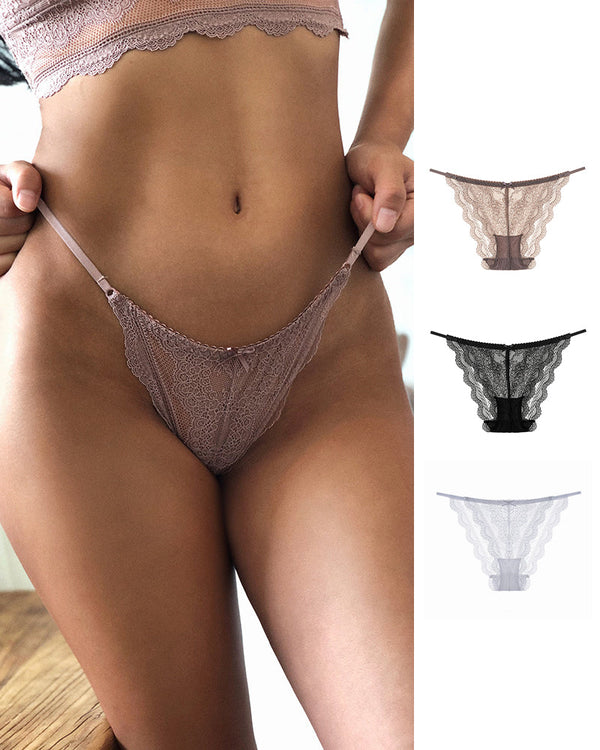 Sheer Floral Lace Strappy Cheeky Panties with Bow Detail