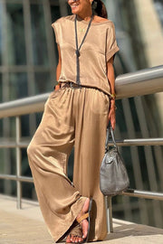 Satin Wide-Leg Pants Set with Short-Sleeve Top
