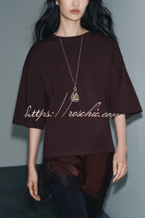 Lace Hem Loose Fit Round Neck Short Sleeve T-Shirt
