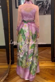 Tulle Floral Print Maxi Skirt with Elastic Waist and Pockets