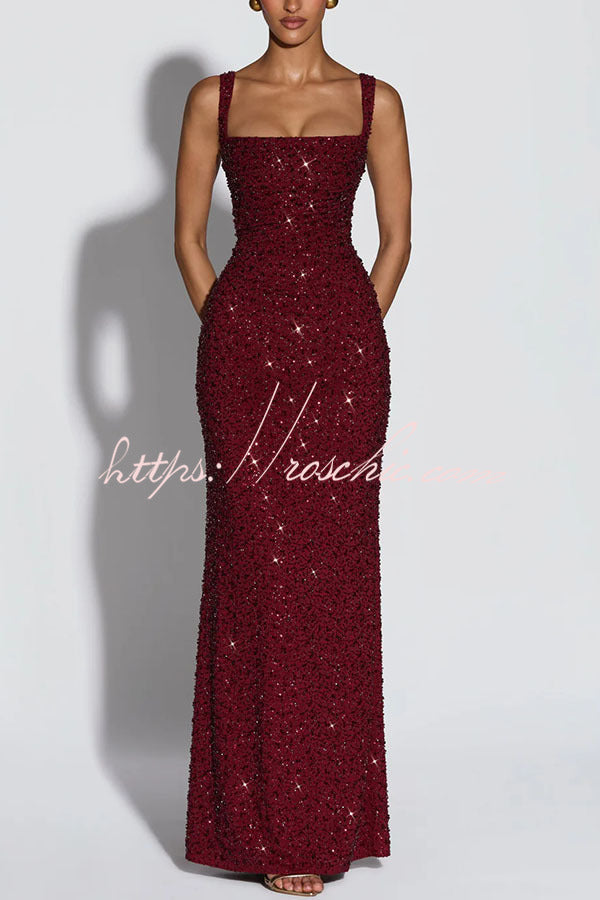 Sequin Chiffon Ruched Square Neck Lace-Up Maxi Dress