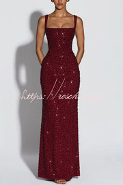 Sequin Chiffon Ruched Square Neck Lace-Up Maxi Dress