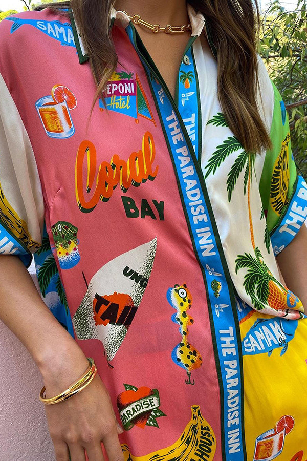 Satin Colorblock Print Oversized Button-Down Blouse