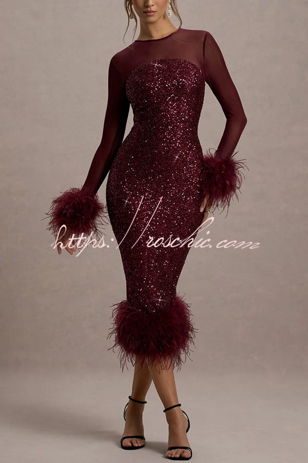 Sequin Feather Trim Midi Dress – Long Sleeve Party Dress