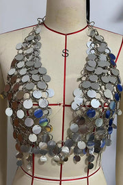 Silver Sequined Mesh Body Chain for Party Wear
