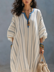 Blue Striped Bohemian Maxi Dress with Tiered Skirt