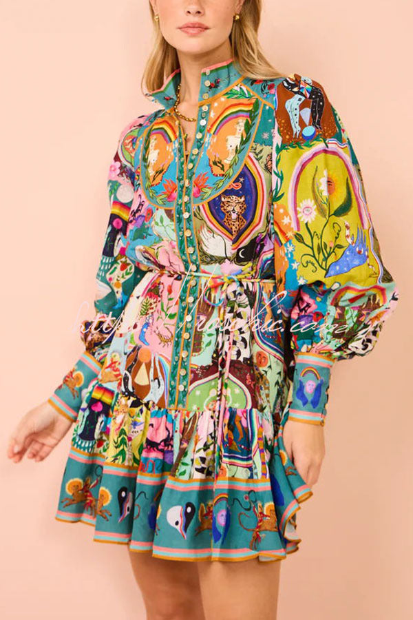 Printed Balloon Sleeve Button Mini Dress – Loose Fit