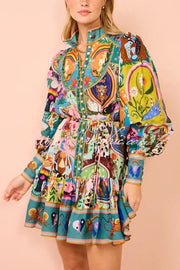 Printed Balloon Sleeve Button Mini Dress – Loose Fit