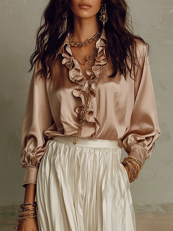Champagne Satin Ruffle Blouse and Pleated Skirt Set