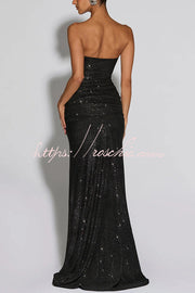 Sequined Mesh Off Shoulder Ruched Maxi Dress for Parties