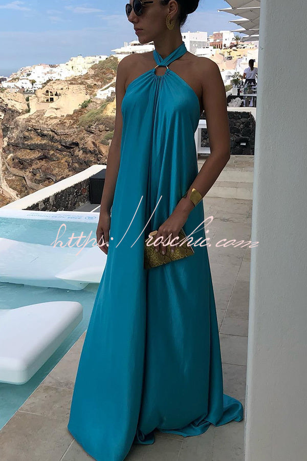 Satin Halter Backless Maxi Dress – Sleeveless Vacation Wear