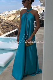 Satin Halter Backless Maxi Dress – Sleeveless Vacation Wear