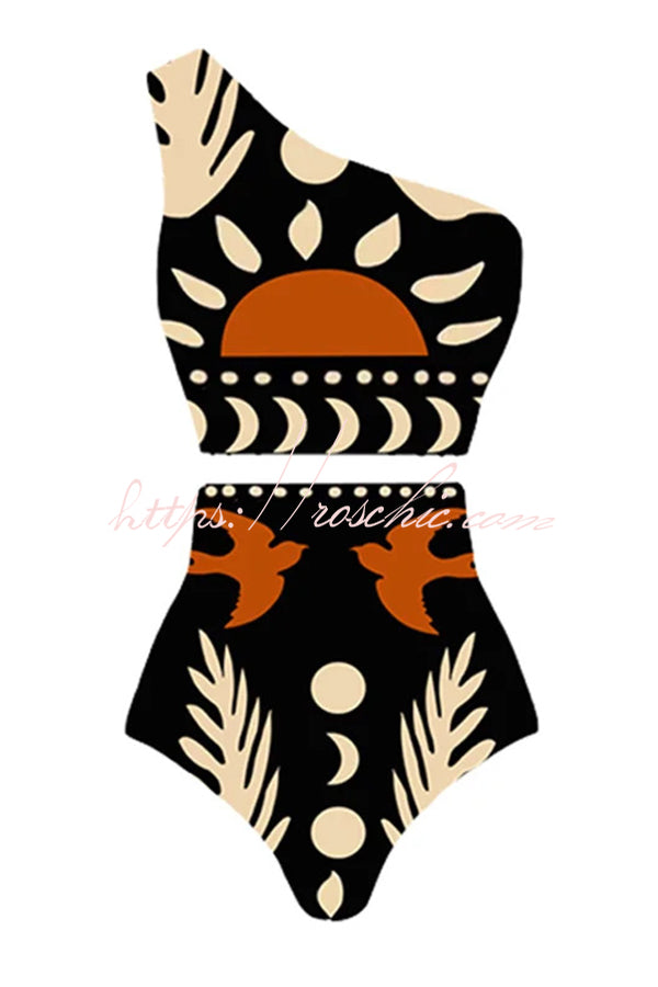 Abstract Print One-Shoulder Bikini Set with Ankle Skirt