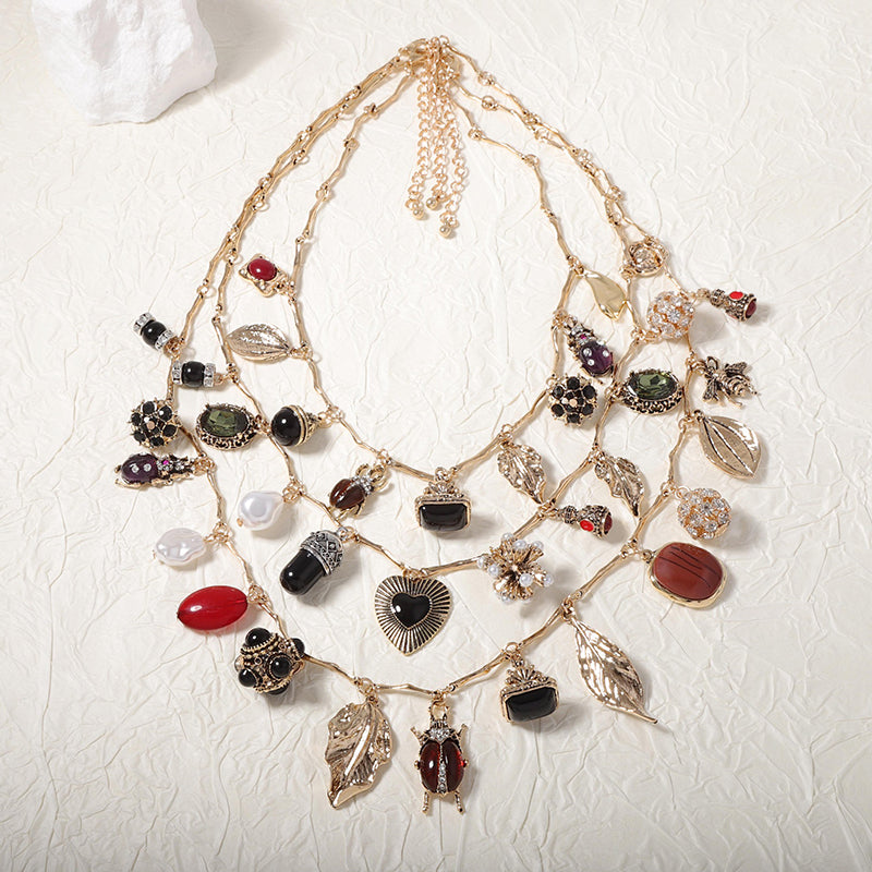 Vintage Layered Geometric Zircon Pendant Necklace