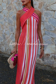 Robe longue évasée à col licou et à rayures en lin mélangé