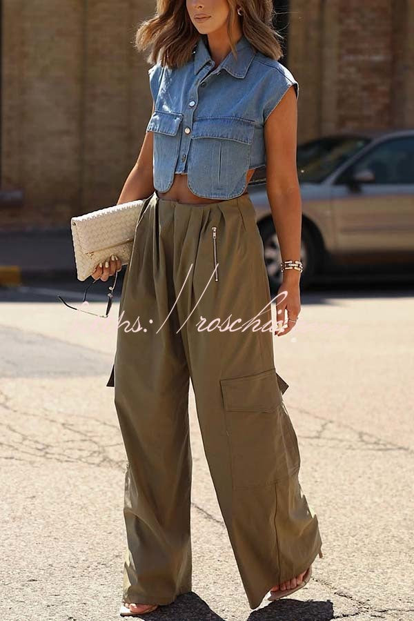 Denim Cape Sleeve Crop Top with Chest Pocket | Loose Fit