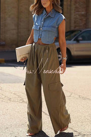 Denim Cape Sleeve Crop Top with Chest Pocket | Loose Fit