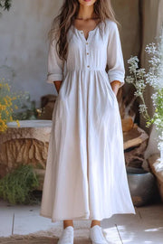 Linen Blend Maxi Dress with Pocket | Long Sleeve