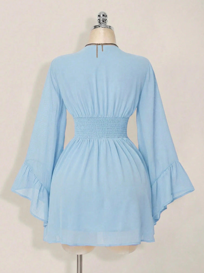 Gothic V-Neck Mini Dress - Long Sleeve Belted Fitted Dress