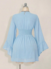 Gothic V-Neck Mini Dress - Long Sleeve Belted Fitted Dress