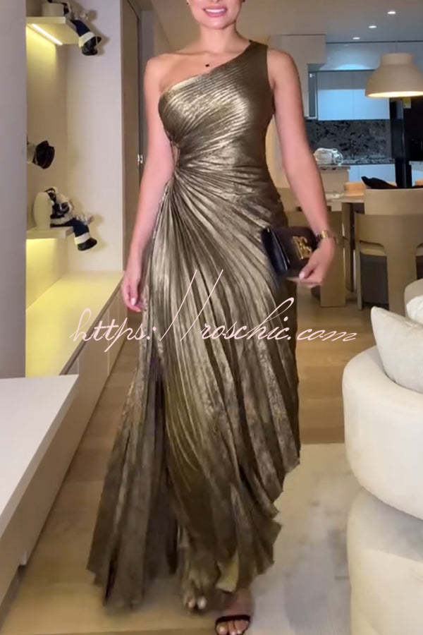 Metallic One Shoulder Pleated Maxi Dress for Parties