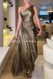 Metallic One Shoulder Pleated Maxi Dress for Parties