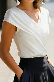 V-Neck Short Sleeve Slim-Fit Top | Solid Color Office Wear