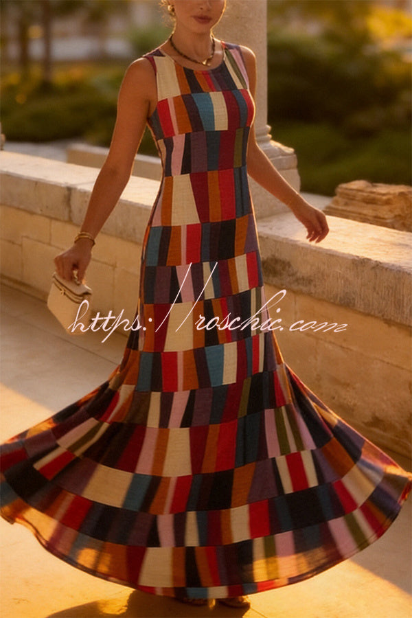 Linen Blend Color Block Plaid Sleeveless Maxi Dress