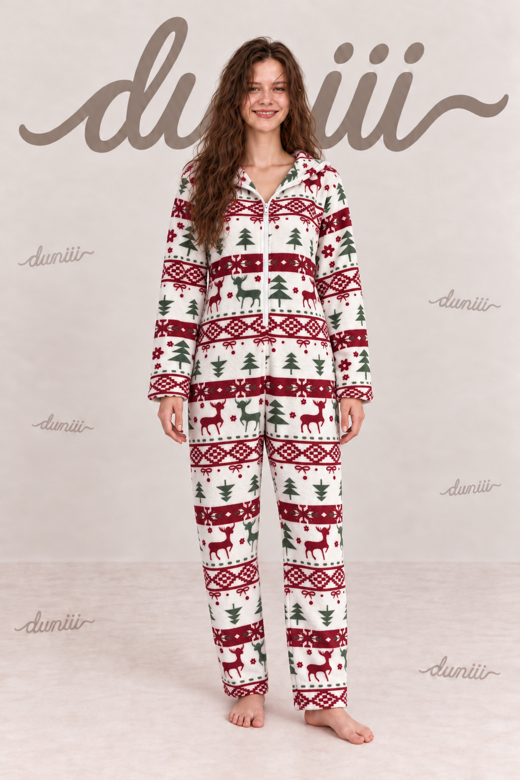Christmas Reindeer Print Hooded Half-Zip Pajama Jumpsuit