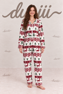 Christmas Reindeer Print Belted Long Robe with Antler Hood
