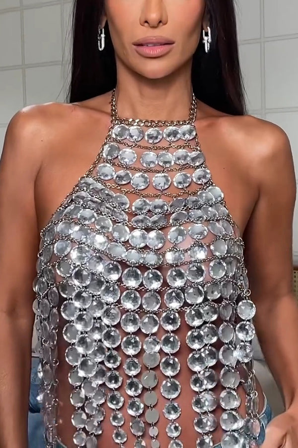 Halter Neck Metal Chain Gem Backless Vest Top