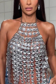 Halter Neck Metal Chain Gem Backless Vest Top