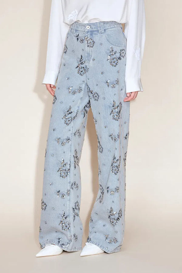 Beaded Sequin Floral Wide Leg Jeans Mid Rise with Pockets