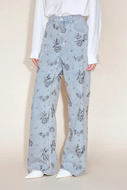 Beaded Sequin Floral Wide Leg Jeans Mid Rise with Pockets