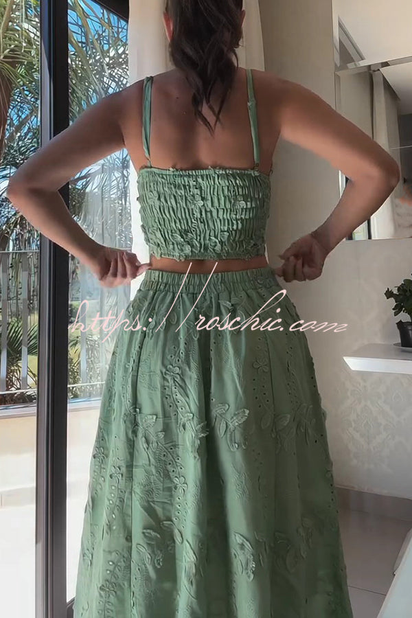 Ensemble débardeur smocké et jupe longue à broderie florale
