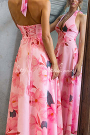 Floral Print Halter Neck Backless Maxi Dress