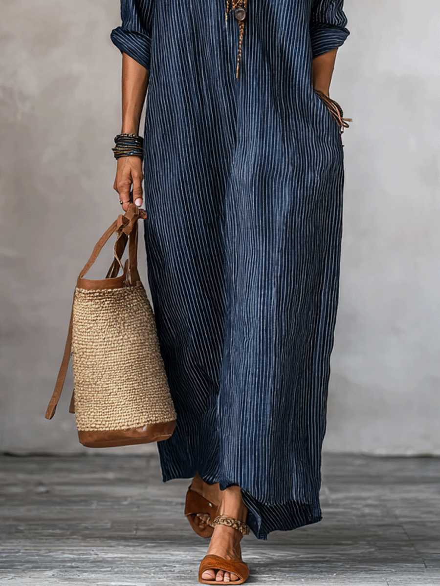 Indigo Loose-Fit Maxi Dress – Bohemian Style