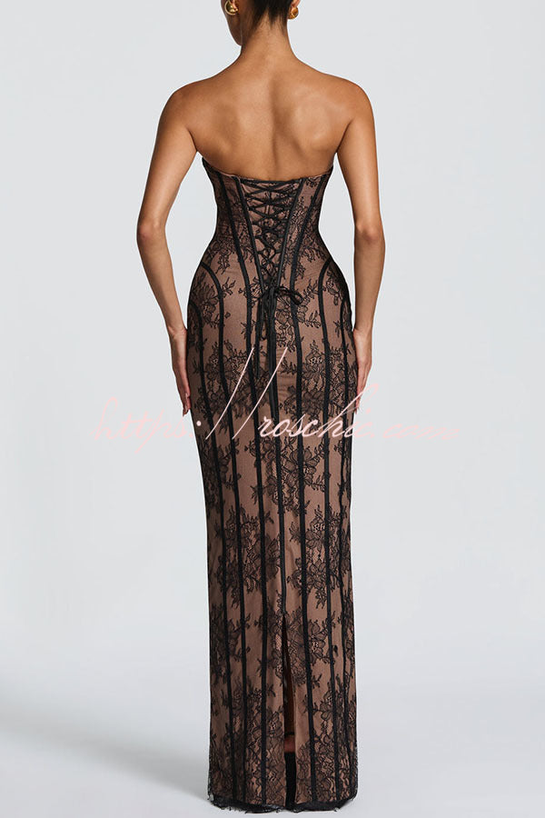 Floral Lace Strapless Maxi Dress with Lace-Up Back & Slit