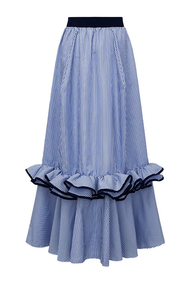 Striped Ruffle Trim Maxi Skirt – Loose Fit Vacation Style