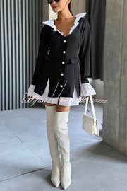 Ruffled Patchwork Blazer Mini Dress – Long Sleeve Shirt Collar