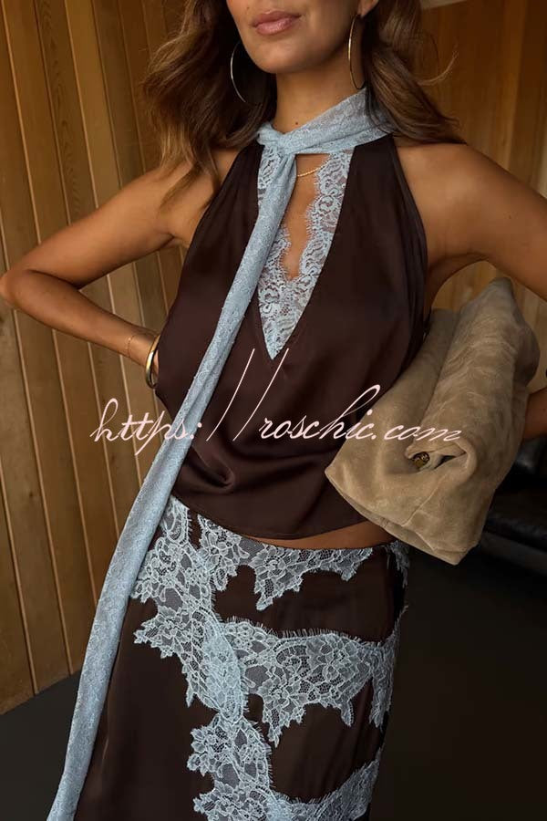 Satin Lace Trim Tank Top | Contrast Color Sleeveless Cami
